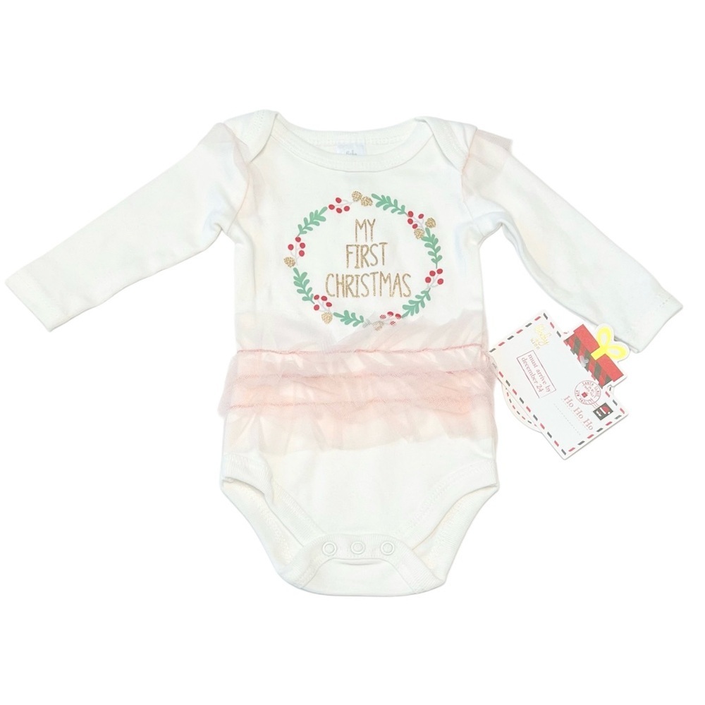 (NWT) “My First Christmas” White & Pink Long Sleeve Bodysuit | Baby Girl 0-3M